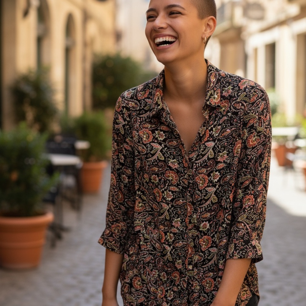 J. Jill Brown, Rust, Olive Green Paisley Button Down Shirt